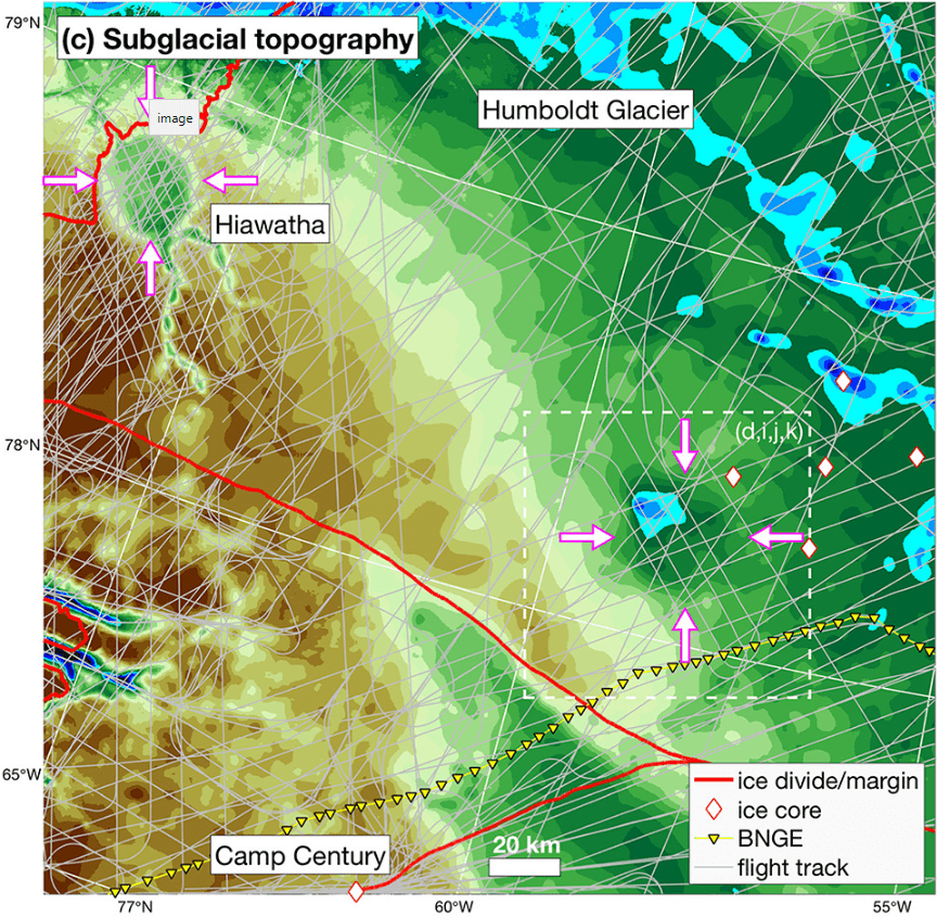 An image of the subglacial topography of the area where both impact craters were discovered. Image Credit: J.A. MacGregor et. al. 2019