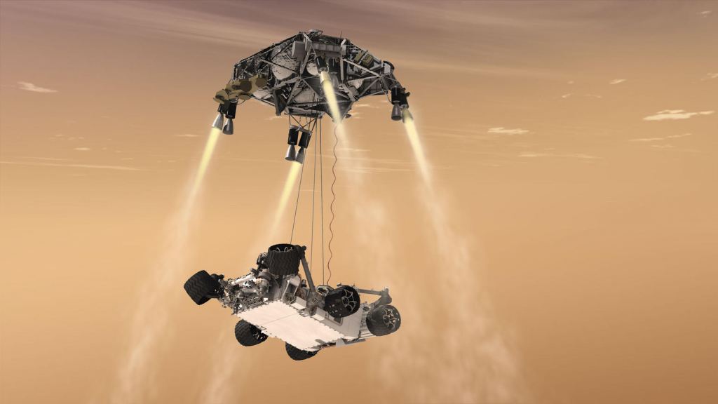 Illustration of Curiosity's skycrane, gently placing it on Mars. Credit: NASA/JPL