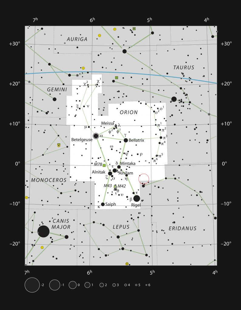 This chart of the Orion Constellation shows the Cosmic Bat's location in the red circle. Prominent stars in Orion are labelled. Image Credit: 
ESO, IAU and Sky & Telescope