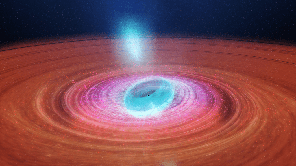V404 Cygni's black hole and inner accretion disk are misaligned with the outer accretion disk and its binary pair star, causing the jets to shoot out blobs of material, rather than steady-stream jets of material. Image Credit: ICRAR.