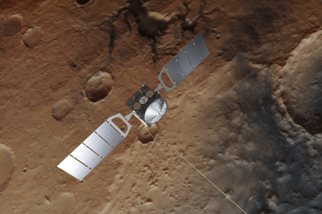 An artist's illustration of the Mars Express Orbiter above Mars. Image Credit: Spacecraft: ESA/ATG medialab; Mars: ESA/DLR/FU Berlin, CC BY-SA 3.0 IGO