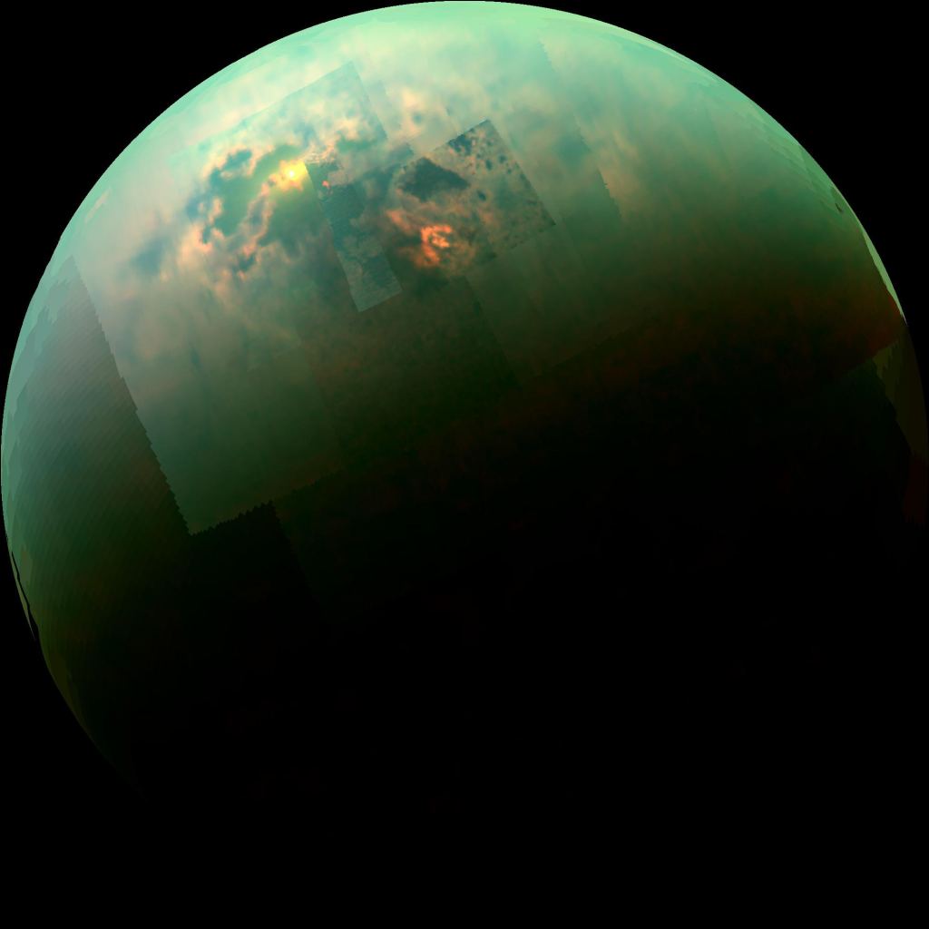 A near-infrared mosaic image of Saturn's moon Titan shows the sun reflecting and glinting off of Titan's northern polar seas. Image Credit: NASA/JPL-Caltech/University of Arizona/University of Idaho