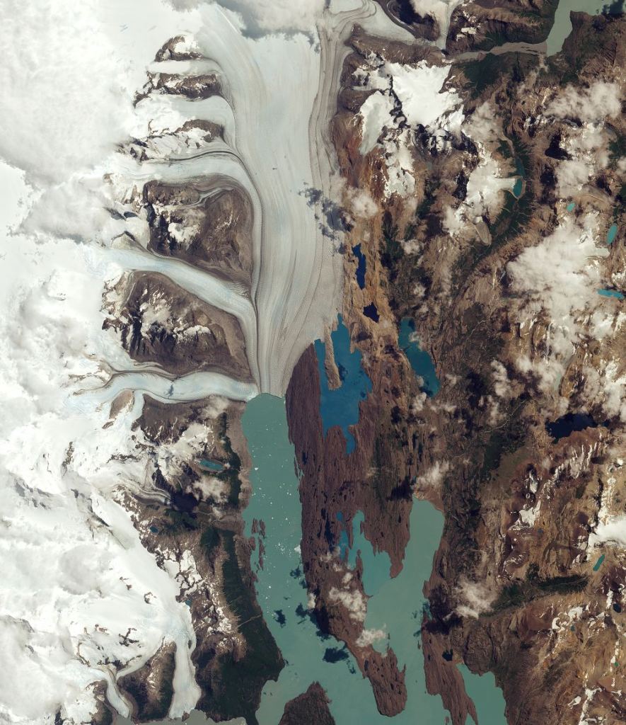 A 2016 image of the Upsala Glacier in Argentina’s Los Glaciares National Park captured by the Sentinel 2-A satellite. This glacier has retreated more than 3km in the past 15 years. Image Credit: 
Contains modified Copernicus Sentinel data (2016), processed by ESA,  CC BY-SA 3.0 IGO ?