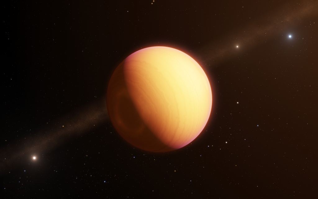 An artist's illustration of the exoplanet HR8799e. The ESO's GRAVITY instrument on its Very Large Telescope Interferometer made the first direct optical observation of this planet and its atmosphere. Image Credit: ESO/L. Calçada