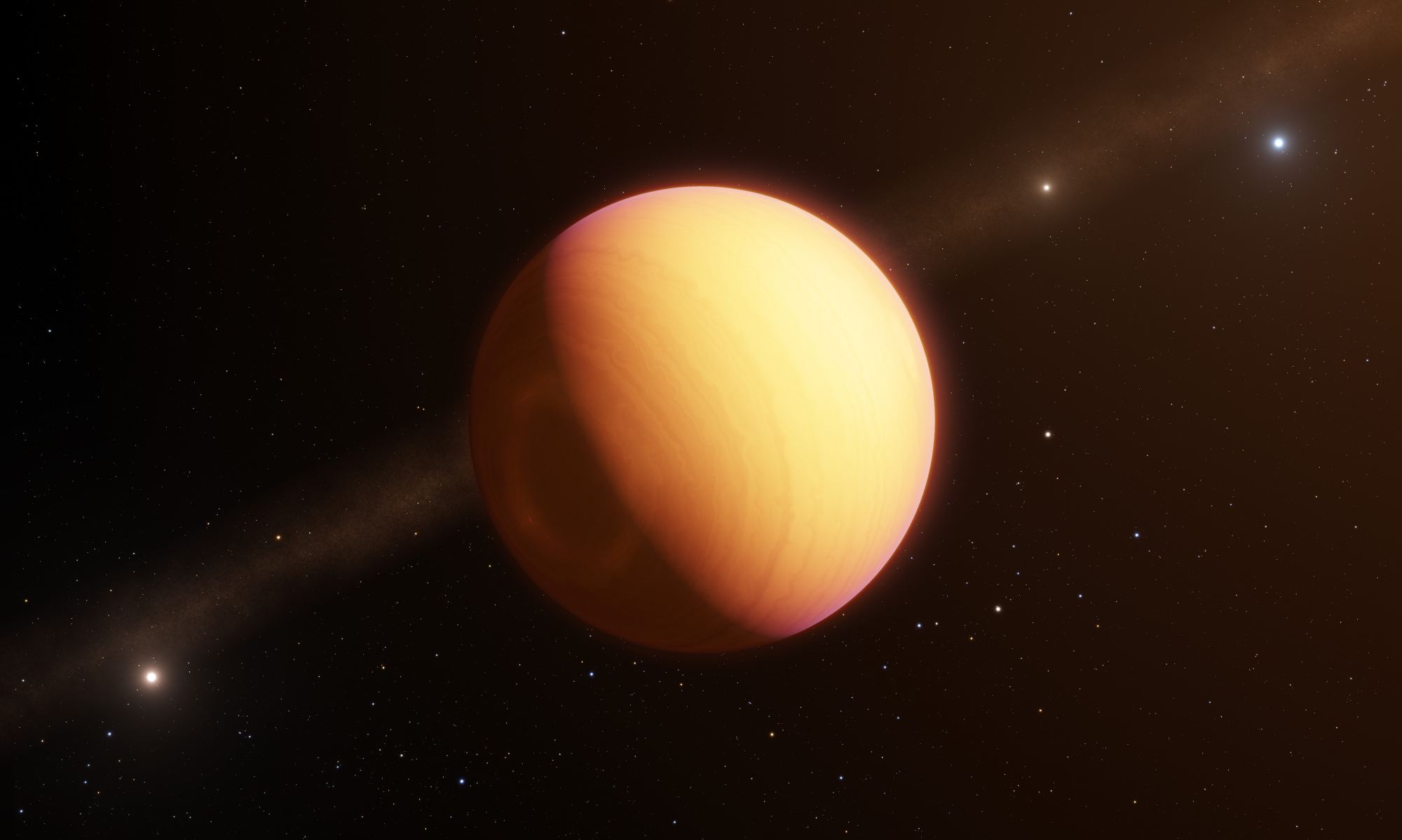 An artist's illustration of the exoplanet HR8799e. The ESO's GRAVITY instrument on its Very Large Telescope Interferometer made the first direct optical observation of this planet and its atmosphere. Image Credit: ESO/L. Calçada