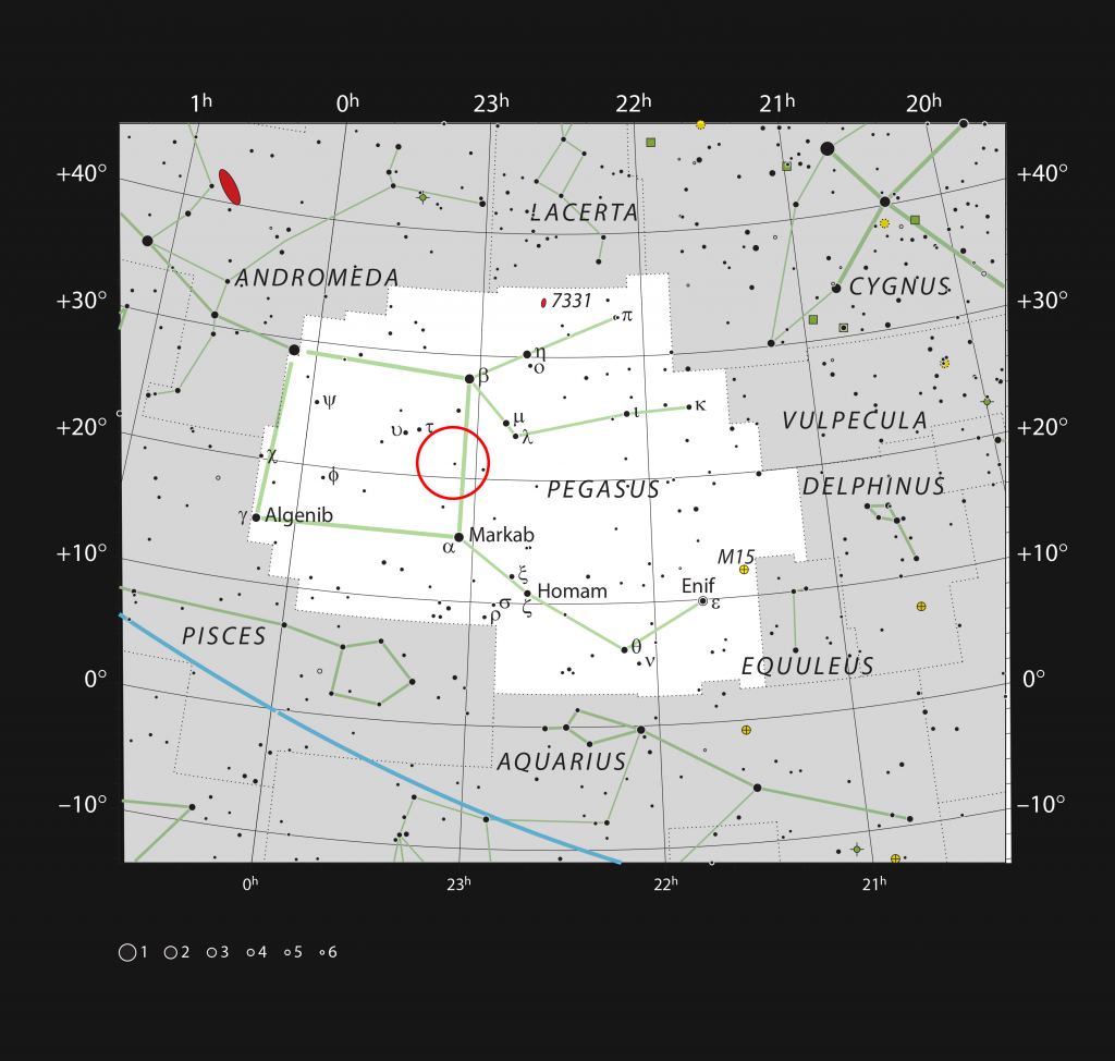 The exoplanet HR8799e is in the constellation Pegasus. It's located in the red circle in the above image. Image Credit: 
ESO, IAU and Sky & Telescope