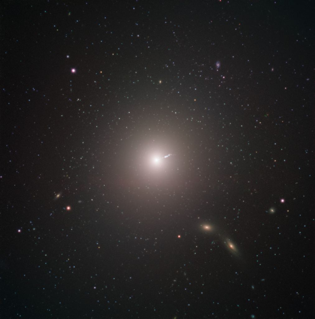 Messier 87 (M87) is an enormous elliptical galaxy located about 55 million light years from Earth, visible in the constellation Virgo. M87 has a supermassive black hole at its center, plus a relativistic jet of matter being ejected at nearly the speed of light. Credit:
ESO