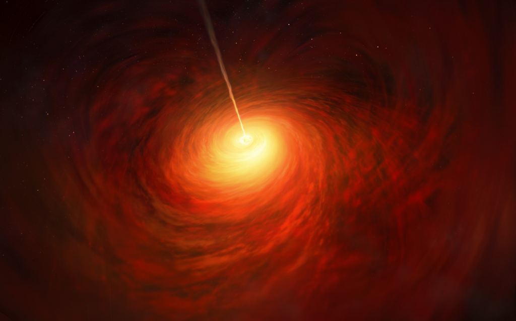 This artist’s impression depicts the black hole at the heart of the enormous elliptical galaxy Messier 87 (M87). This black hole was chosen as the object of paradigm-shifting observations by the Event Horizon Telescope. The superheated material surrounding the black hole is shown, as is the relativistic jet launched by M87’s black hole. 
ESO/M. Kornmesser