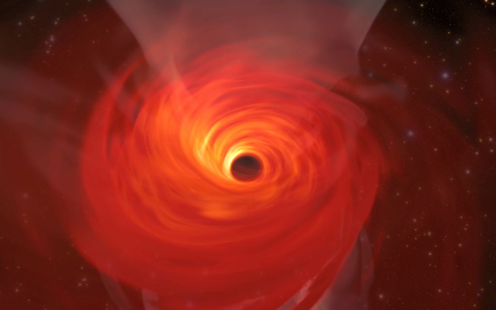In anticipation of the first image of a black hole, Jordy Davelaar and colleagues built a virtual reality simulation of one of these fascinating astrophysical objects. Their simulation shows a black hole surrounded by luminous matter. This matter disappears into the black hole in a vortex-like way, and the extreme conditions cause it to become a glowing plasma. The light emitted is then deflected and deformed by the powerful gravity of the black hole. Image Credit: 
Jordy Davelaar et al./Radboud University/BlackHoleCam