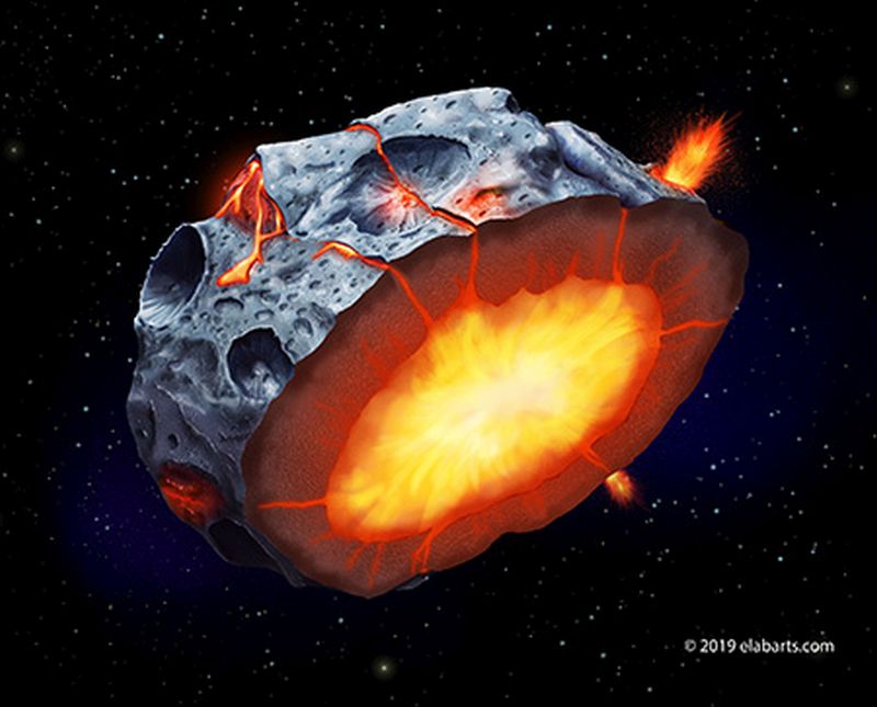 An artist's illustration of a metallic asteroid like Psyche. Image Credit: Elena Hartley/USC