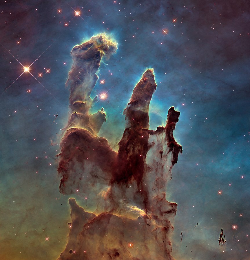 This image of the Pillars of Creation in the Eagle Nebula was captured by the newer WFC3. No staircase! It was taken as a tribute to the original Hubble WFPC2 image, but this one is much higher resolution thanks to the updated technology. Image Credit: By NASA, ESA, and the Hubble Heritage Team (STScI/AURA) - http://hubblesite.org/image/3471/news_release/2015-01, Public Domain, https://commons.wikimedia.org/w/index.php?curid=38165284