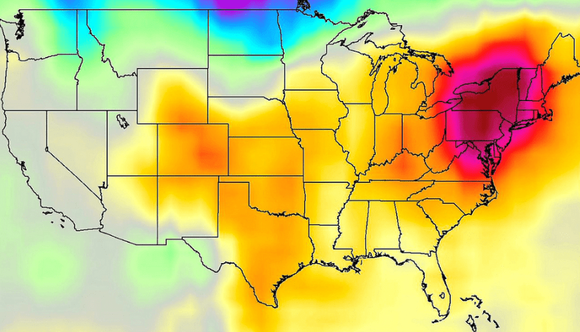 IRS measures the surface temperature of the Earth from space. This 2011 map of the United States shows the heat wave that hit the northeast coast. Image Credit: NASA/JPL
