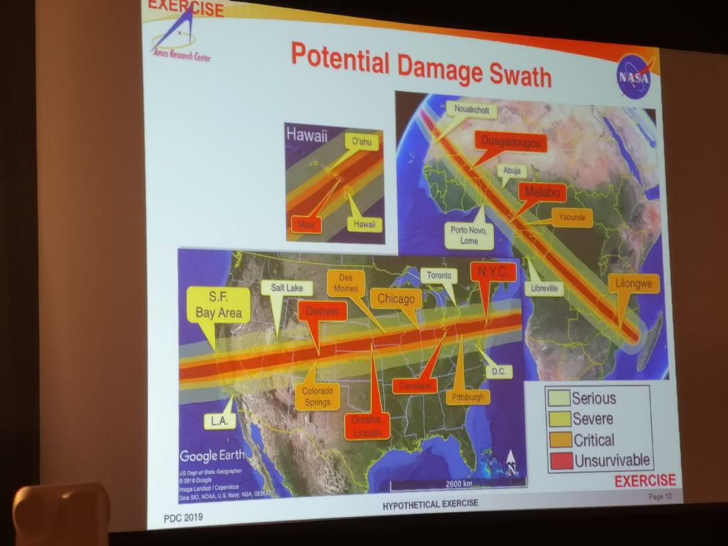 Fictional asteroid 2019PDC's "Potential Damage Swath" pretty much explains it. Image: ESA