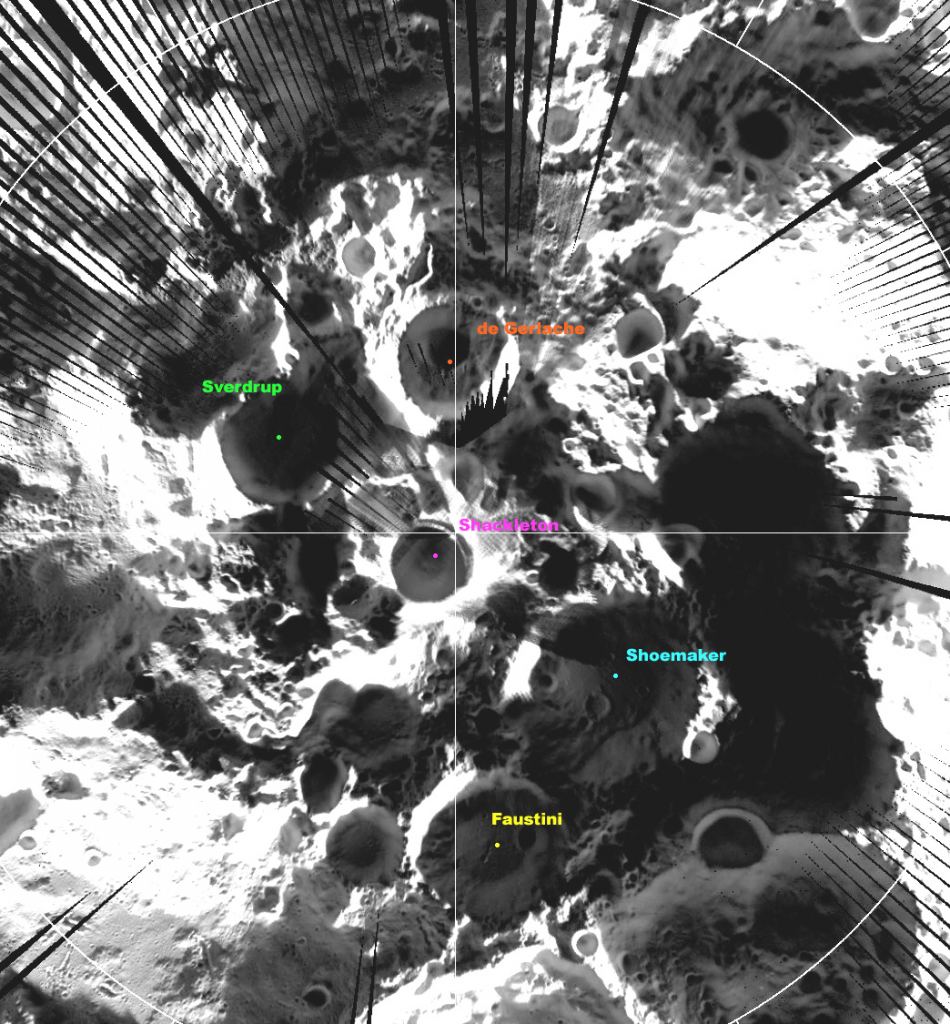 Shackleton crater at the Moon's south pole. Image Credit: By NASA - http://lpod.org/coppermine/displayimage.php?pos=-4384, Public Domain, https://commons.wikimedia.org/w/index.php?curid=9097571