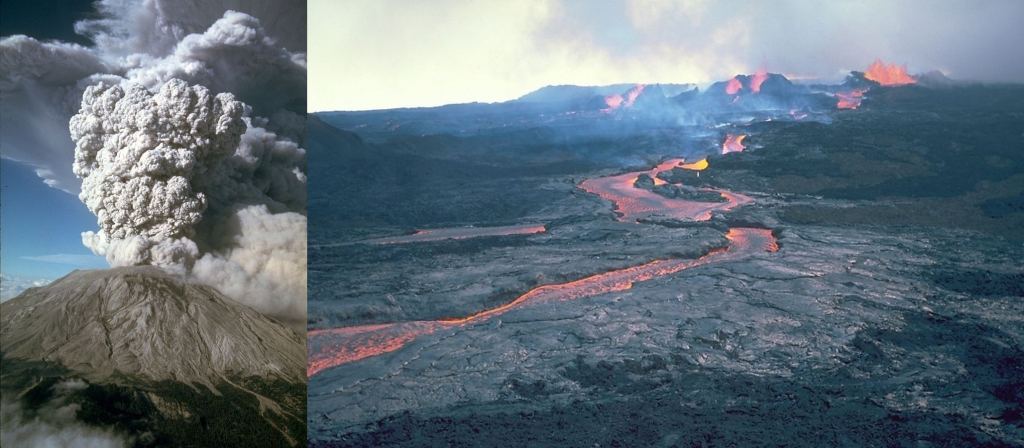 Two types of eruptions. On the left is the Mt. St. Helens explosive eruption in 1980. On the right is the effusive eruption from Mauna Loa, Hawaii, in 1984. Image Credit: (Left; By Mike Doukas - USGS Cascades Volcano Observatory, Public Domain, https://commons.wikimedia.org/w/index.php?curid=680506. Right: By Photo by R.W. Decker. - http://hvo.wr.usgs.gov/gallery/maunaloa/1984/2441061_caption.html, Public Domain, https://commons.wikimedia.org/w/index.php?curid=3157962)