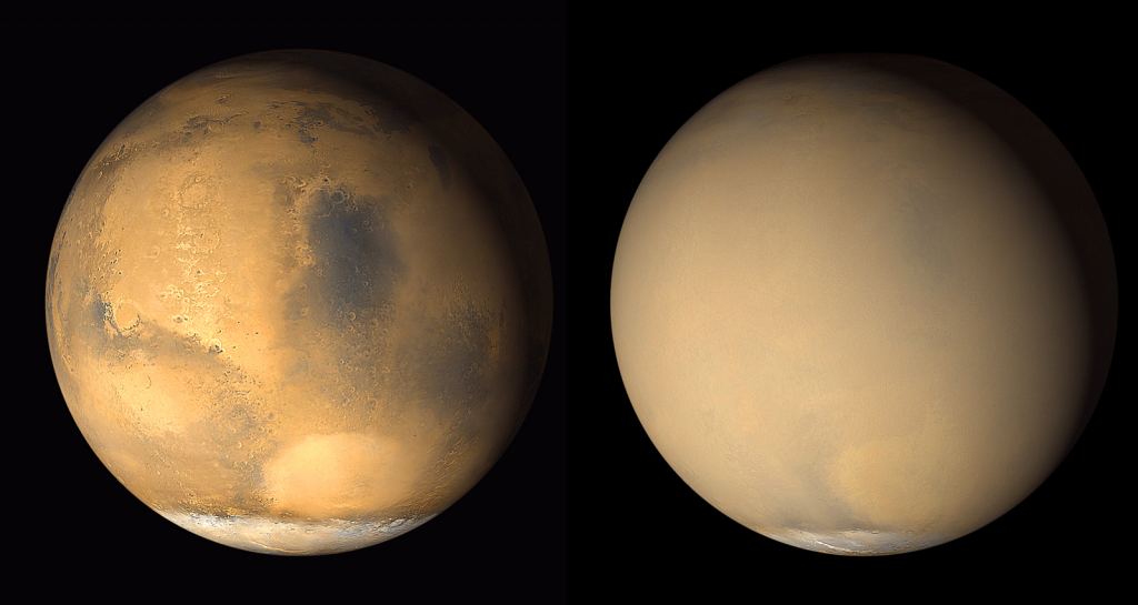 Mars in 2001. On the left, no global dust storm.  On the right, global dust storm.  Image Credit: By Jim Secosky picked out this NASA image NASA/JPL/MSSS - https://photojournal.jpl.nasa.gov/figures/PIA03170_fig1.jpg, Public Domain, https://commons.wikimedia.org/w/ index.php?curid=65809875