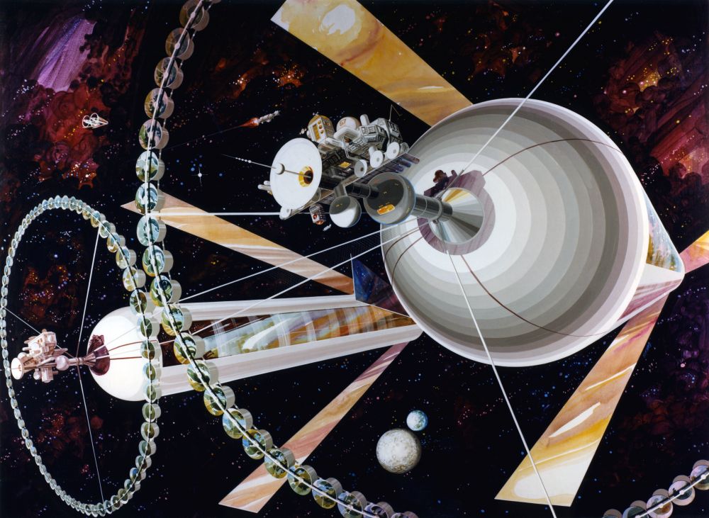 An illustration of O'Neill cylinders in space from Gerard K. O'Neill's book "The High Frontier." Image Credit: By Rick Guidice NASA Ames Research Center - http://lifesci3.arc.nasa.gov/SpaceSettlement/70sArt/art.html, Public Domain, https://commons.wikimedia.org/w/index.php?curid=617874