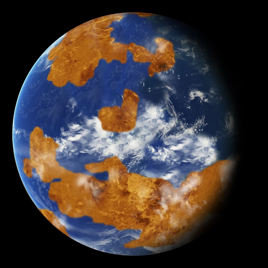 Observations suggest Venus may have had water oceans in its distant past. A land-ocean pattern like that above was used in a climate model to show how storm clouds could have shielded ancient Venus from strong sunlight and made the planet habitable. Credits: NASA
