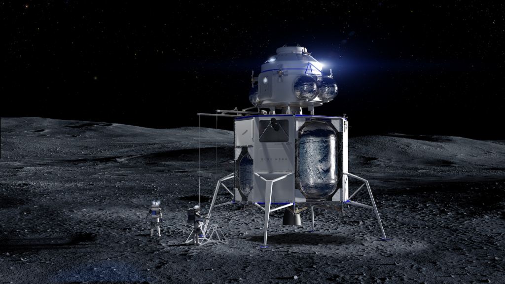 n illustration of the larger version of the Blue Moon lander. Note the ascent vehicle mounted on top. Image Credit: Blue Origin.