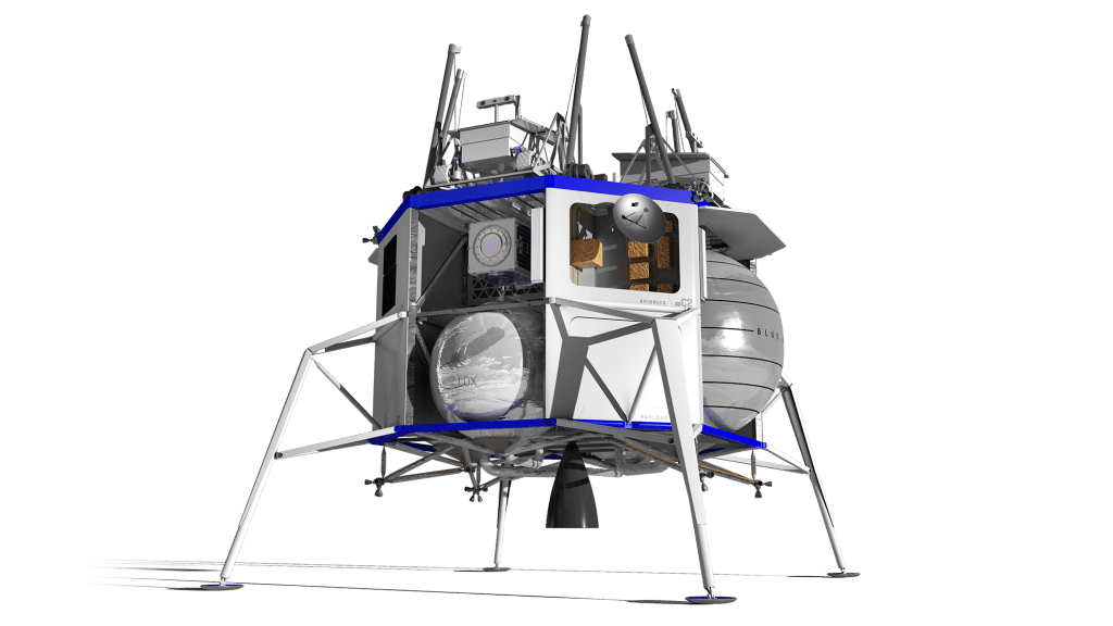 An artist's illustration of the Blue Moon lander. On its top deck are four rovers for deployment on the surface. Image Credit: Blue Origin