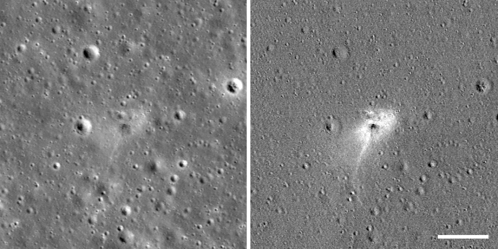Left: Beresheet crash site, M1310536929R. Right: Ratio of after/before images enhancing subtle changes to brightness of the surface, M1310536929R/M1098722768L, scale bar is 100 meters, north is up, both panels are 490 meters wide [NASA/GSFC/Arizona State University].