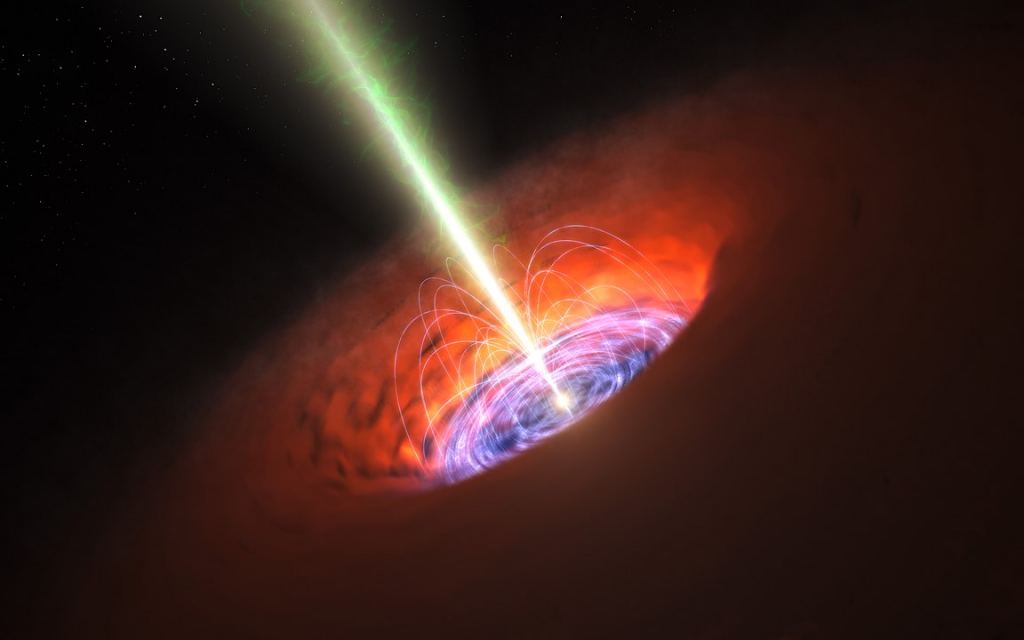 This artist’s impression shows the surroundings of a supermassive black hole, typical of that found at the heart of many galaxies. The black hole itself is surrounded by a brilliant accretion disc of very hot, infalling material and, further out, a dusty torus. There are also often high-speed jets of material ejected at the black hole’s poles that can extend huge distances into space. Image Credit: By ESO/L. Calçada - ESO website, CC BY 4.0, https://commons.wikimedia.org/w/index.php?curid=39626793