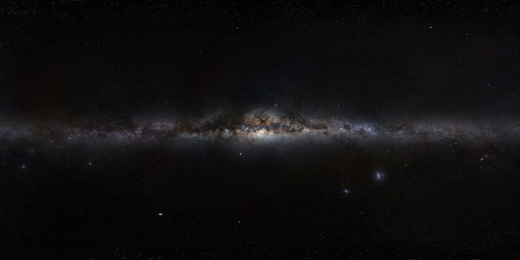 This 360 degree panoramic image of the Milky Way is a mosaic of images put together by the European Southern Observatory. The bright area in the center is the bright galactic bulge. From our optical vantage point, no bar is visible. Image Credit: By ESO/S. Brunier - http://www.eso.org/public/images/eso0932a/, CC BY 4.0, https://commons.wikimedia.org/w/index.php?curid=9559670