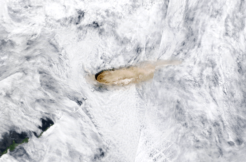 The MODIS instrument on NASA's Terra satellite captured this image of Raikoke on June 22nd, 2019. Image Credit: Terra-MODIS.