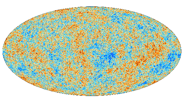 Cosmic microwave background.  Scientists compared this to the distributions of modern galaxies to track dark matter.  Copyright: ESA/Planck Collaboration