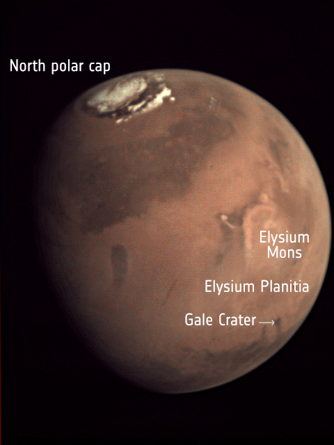 Elysium Planitia is a broad plain on Mars' equator. Image Credit: By Visual Monitoring Camera onboard ESA's Mars Express/ESA - http://www.esa.int/spaceinimages/Images/2018/11/Elysium_Planitia_labelled_view, CC BY-SA 3.0, https://commons.wikimedia.org/w/index.php?curid=74676354