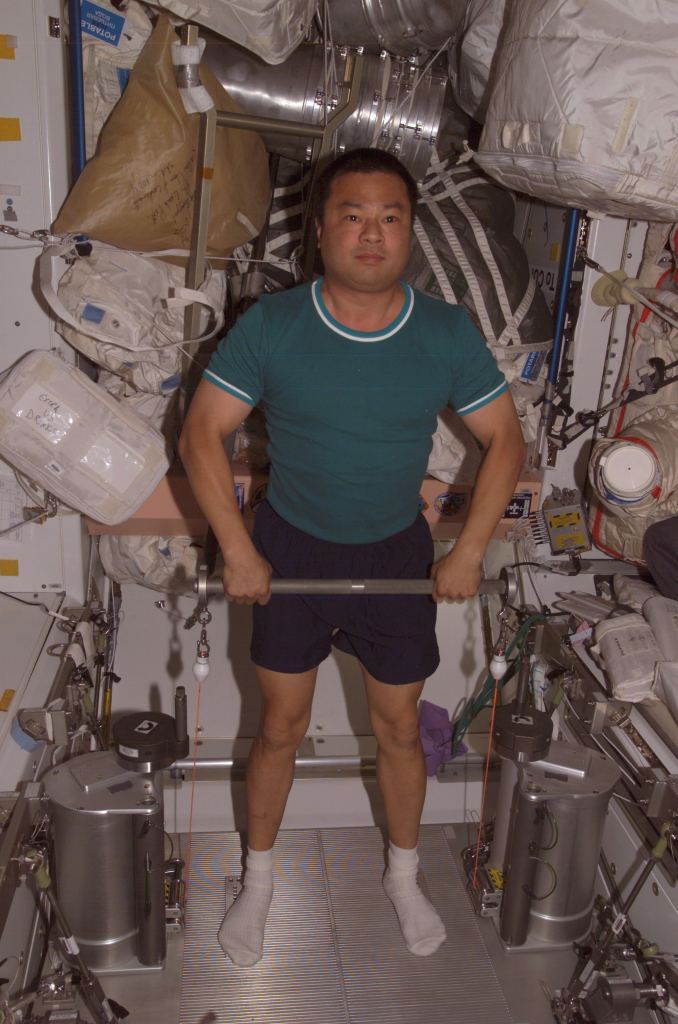 NASA astronaut Leroy Chiao using a Resistance Exercise Device (RED) onboard the International Space Station. Image Credit: NASA