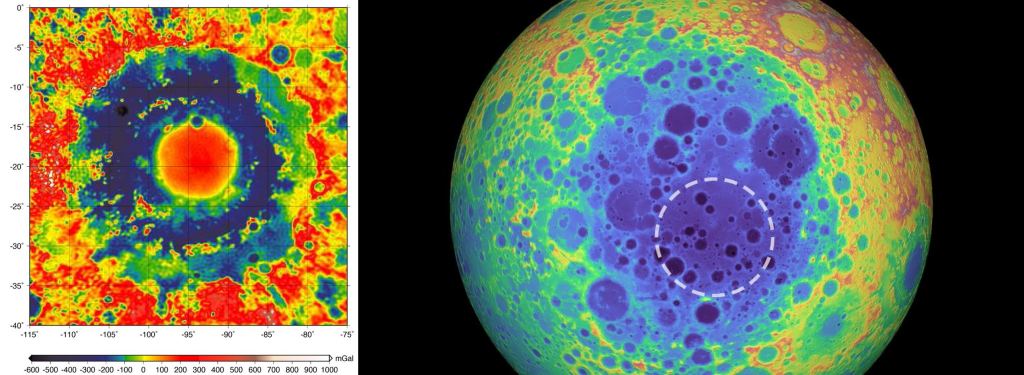 a SPA (jobbra) és a Hold Orientale medencéjének egymás melletti összehasonlítása (balra.) Vegye figyelembe a telitalálat mintáját az Orientale impact medencében, valamint a telitalálat mintájának hiányát a FÜRDŐMEDENCÉBEN. Kép jóváírás: NASA / GRAIL's Orientale Basin (left.) Note the bullseye pattern in the Orientale impact basin,a nd the absence of a bullseye pattern in the SPA basin. Image Credit: NASA/GRAIL