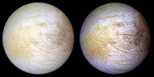 A color composite view of Europa. On the left is the natural color image, and on the right is the color-enhanced image used to highlight differences on the surface of the moon. White and blue areas are water ice, the brownish-red areas are hydrated salts, and in 1997, when the Galileo spacecraft captured these images, the yellow areas were unidentified. A new study says the yellow areas are sodium chloride which came from the subsurface ocean. Image Credit: By NASA/JPL/University of Arizona - http://photojournal.jpl.nasa.gov/catalog/PIA01295 (image link), Public Domain, https://commons.wikimedia.org/w/index.php?curid=10705462
