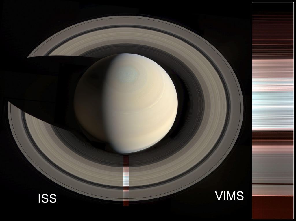 The false-color image at right shows spectral mapping of Saturn's A, B and C rings, captured by Cassini's Visible and Infrared Mapping Spectrometer (VIMS). It displays an infrared view of the rings, rather than an image in visible light. The blue-green areas are the regions with the purest water ice and/or largest grain size (primarily the A and B rings), while the reddish color indicates increasing amounts of non-icy material and/or smaller grain sizes (primarily in the C ring and Cassini Division).
At left, the same image is overlaid on a natural-color mosaic of Saturn taken by Cassini's Imaging Science Subsystem. Image Credit: NASA/JPL-Caltech/Space Science Institute/G. Ugarkovic (ISS), NASA/JPL-Caltech/University of Arizona/CNRS/LPG-Nantes (VIMS)