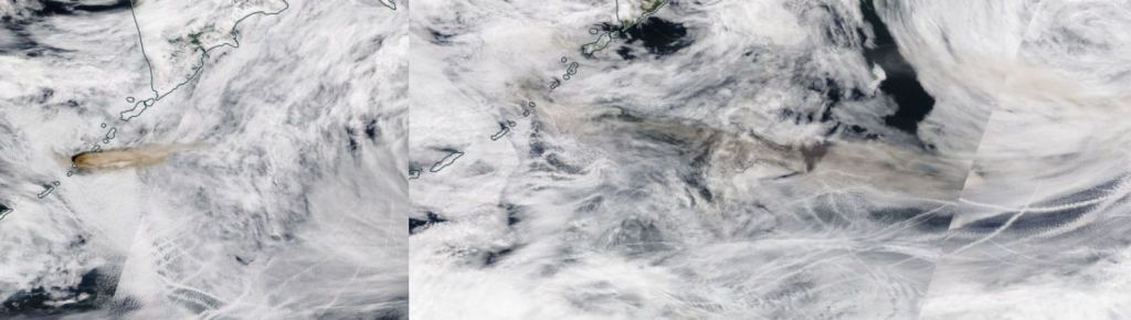 On the left, the June 22nd eruption of Raikoke. On the right, one day later. The ash is almost gone, swept up by the storm over the Pacific. Image Credit: NASA Worldview/MODIS.