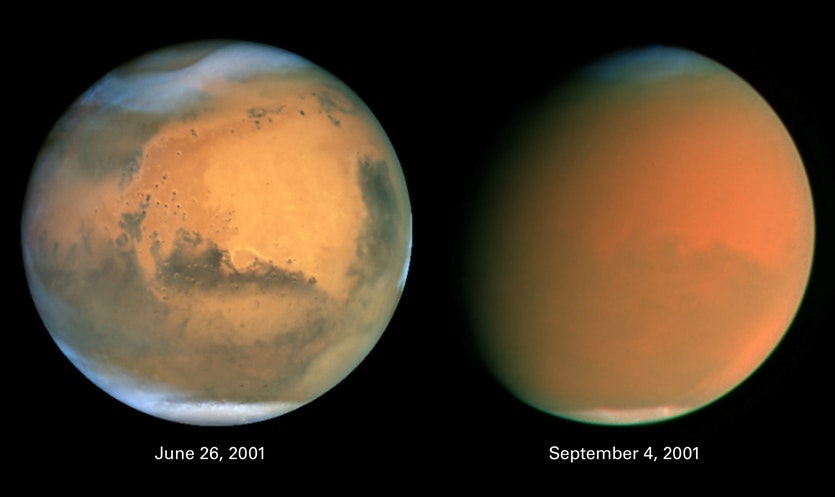 Image showing two versions of Mars - one taken in June 2001 that shows it with noticeable features, and one taken in September 2001 that shows the whole world engulfed in a dust storm that wipes away all distinguishing features on the planet's surface.