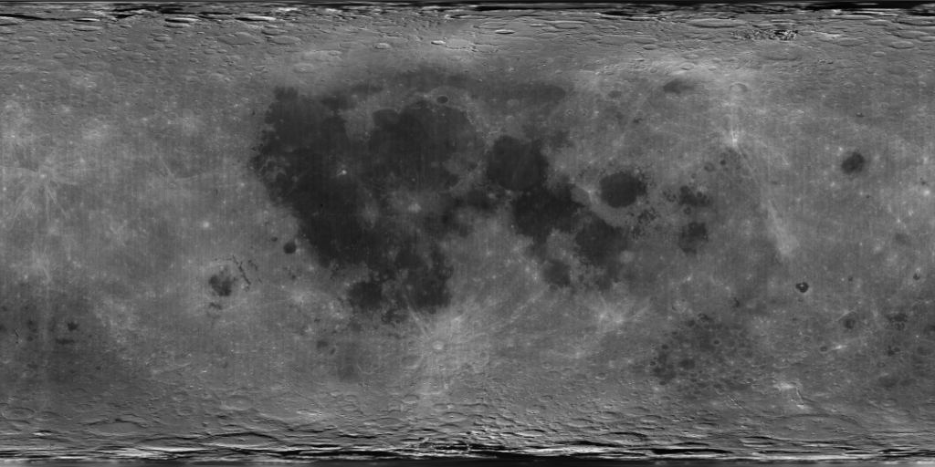 A cylindrical projection of the Moon showing the black lunar mares. Image Credit: By Image processing by the U.S. Geological Survey in Flagstaff, Arizona. - direct source found on here, Public Domain, https://commons.wikimedia.org/w/index.php?curid=1889962