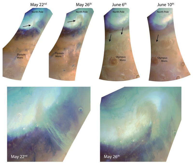 A montage of images showing both dust storms and clouds of water ice. <Click to see more detail.>Image Credit:  ESA/DLR/FU Berlin, CC BY-SA 3.0 IGO 