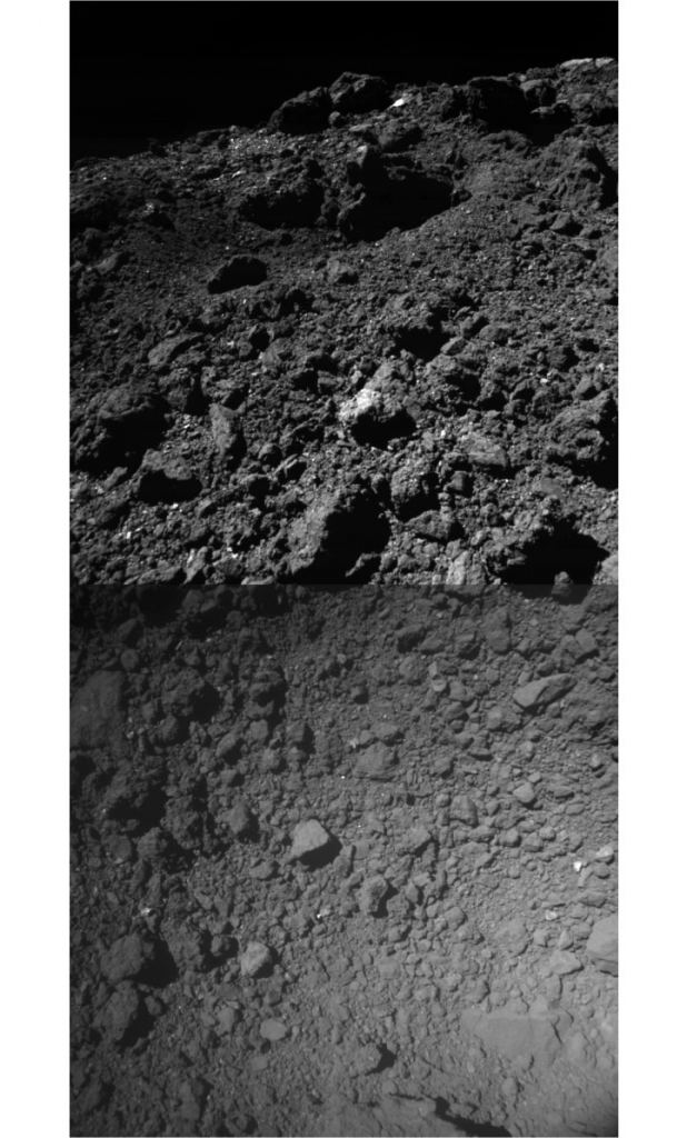 These two images of the crater and sampling site were taken just prior to touchdown. The top one is from ONC W2 and the bottom is from ONC W1. The two images were taken about one second apart. Image Credit:  JAXA, Chiba Institute of Technology, University of Tokyo, Kochi University, Rikkyo University, Nagoya University, Meiji University, University of Aizu, AIST 