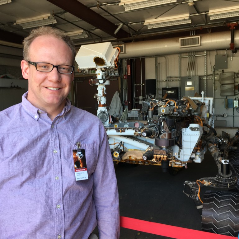 Professor House in front of the MSL Curiosity test-bed rover at JPL. Image Credit: Christopher House.