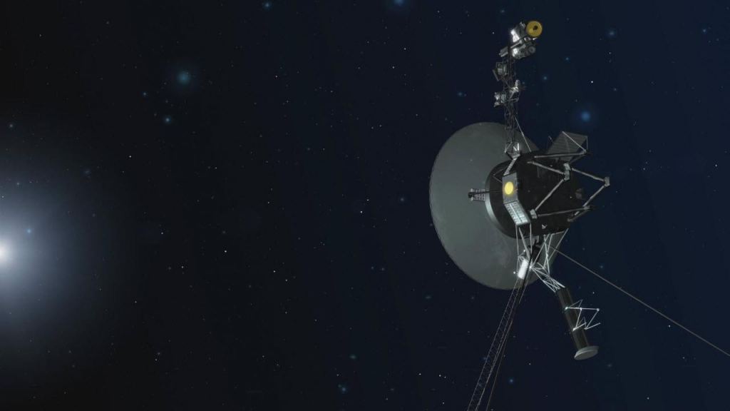 An illustration of Voyager 1. The set of four backup thrusters are located on the back side of the spacecraft in this orientation. Credit: NASA/JPL-Caltech