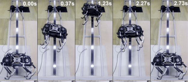 SpaceBok being tested in simulated lunar gravity. The designers say that SpaceBok could jump up to 2 meters (6 feet) in lunar gravity, but it would need a reaction wheel to land safely. Image Credit:  ETH Zurich/ZHAW Zurich 
