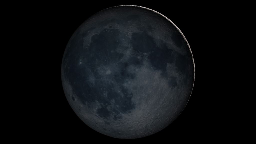3D Rendering of the Moon showing Earthshine in the shadowed portion of the Moon. Credit: NASA/GSFC