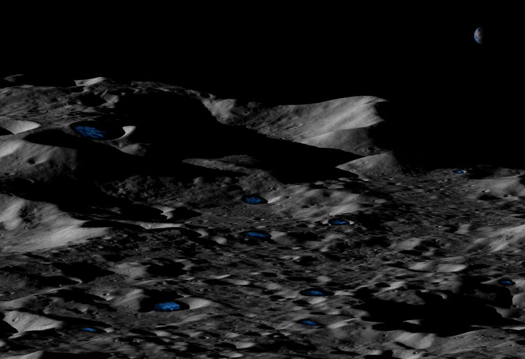 Conceptual illustration of permanently shadowed, shallow icy craters near the lunar south pole. Some regions in deeper craters are in perpetual darkness. Credits: UCLA/NASA