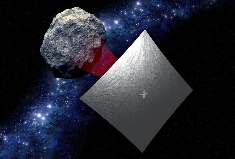 An artist's illustration of the NEA Scout CubeSat with its solar sail deployed as it approaches an asteroid. Image Credit: NASA