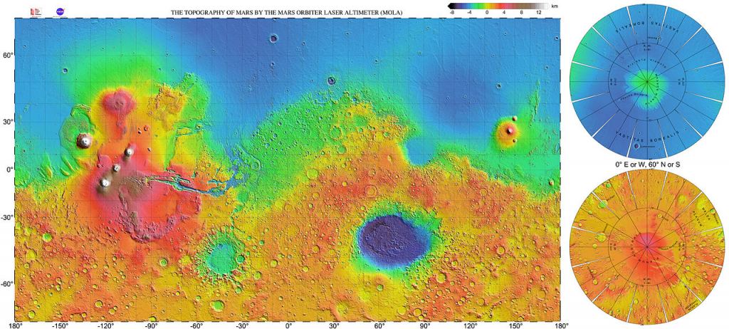 <Click to Enlarge> A topographic mercator projection map of Mars from MOLA (Mars Orbiter Laser Altimeter) data. Blue is low elevation, red is high elevation. Mars' northern hemisphere is about 2 km lower than the southern hemisphere. Image Credit: By NASA / JPL / USGS - http://mola.gsfc.nasa.gov/images.html and http://photojournal.jpl.nasa.gov/catalog/PIA02993, Public Domain, https://commons.wikimedia.org/w/index.php?curid=32873138