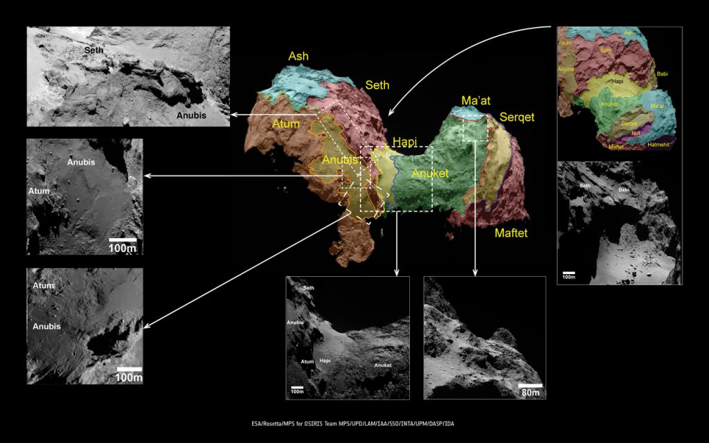 omet 67P with the names given to the surface regions. The Hapi region is of particular interest because its smooth, connects both of the comet's lobes, and has a very active surface. Image Credit:  ESA/Rosetta/MPS for OSIRIS Team MPS/UPD/LAM/IAA/SSO/INTA/UPM/DASP/IDA 