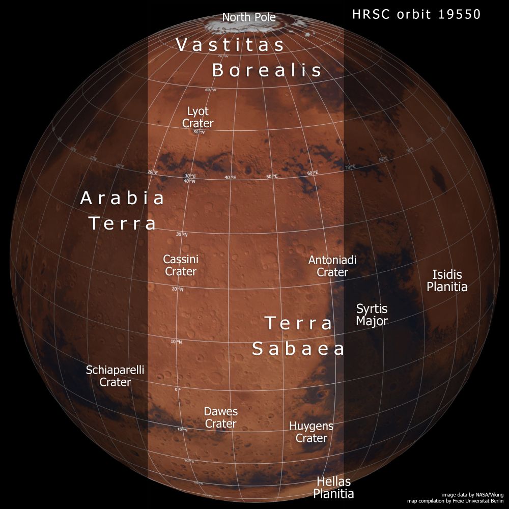  This image shows a slice of the Red Planet from the northern polar cap downwards, and highlights cratered, pockmarked swathes of the Terra Sabaea and Arabia Terra regions. Image Credit:  NASA/Viking, FU Berlin 