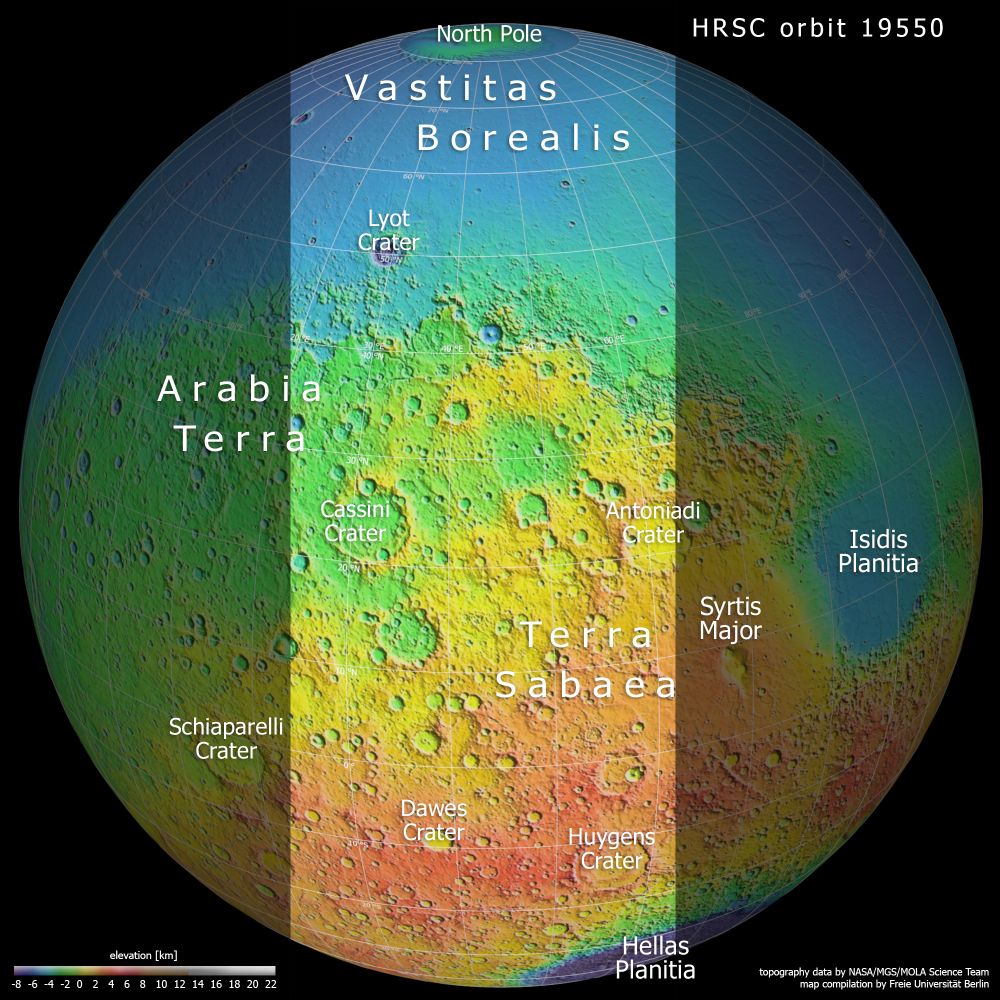 A topographic slice of Mars with labels. Image Credit: NASA/MGS/MOLA Science Team, FU Berlin