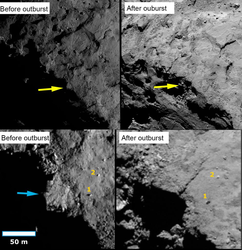 efore and after a cliff collapse on Comet 67P/Churyumov-Gerasimenko. In the upper panels the yellow arrows show the location of a scarp at the boundary between the illuminated northern hemisphere and the dark southern hemisphere of the small lobe at times before and after the outburst event (September 2014 and June 2016, respectively). The lower panels show close-ups of the upper panels; the blue arrow points to the scarp that appears to have collapsed in the image after the outburst. Two boulders (1and 2) are marked for orientation. Image Credit:  ESA/Rosetta/MPS for OSIRIS Team MPS/UPD/LAM/IAA/SSO/INTA/UPM/DASP/IDA (CC BY-SA 4.0) 